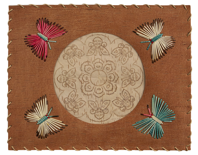 Artist: Angelique Merasty Title: Butterfly and Flower Date: circa 1982 Medium: birch bark, porcupine quill, willow root, mat board Dimensions: 25.5 x 31.5 cm